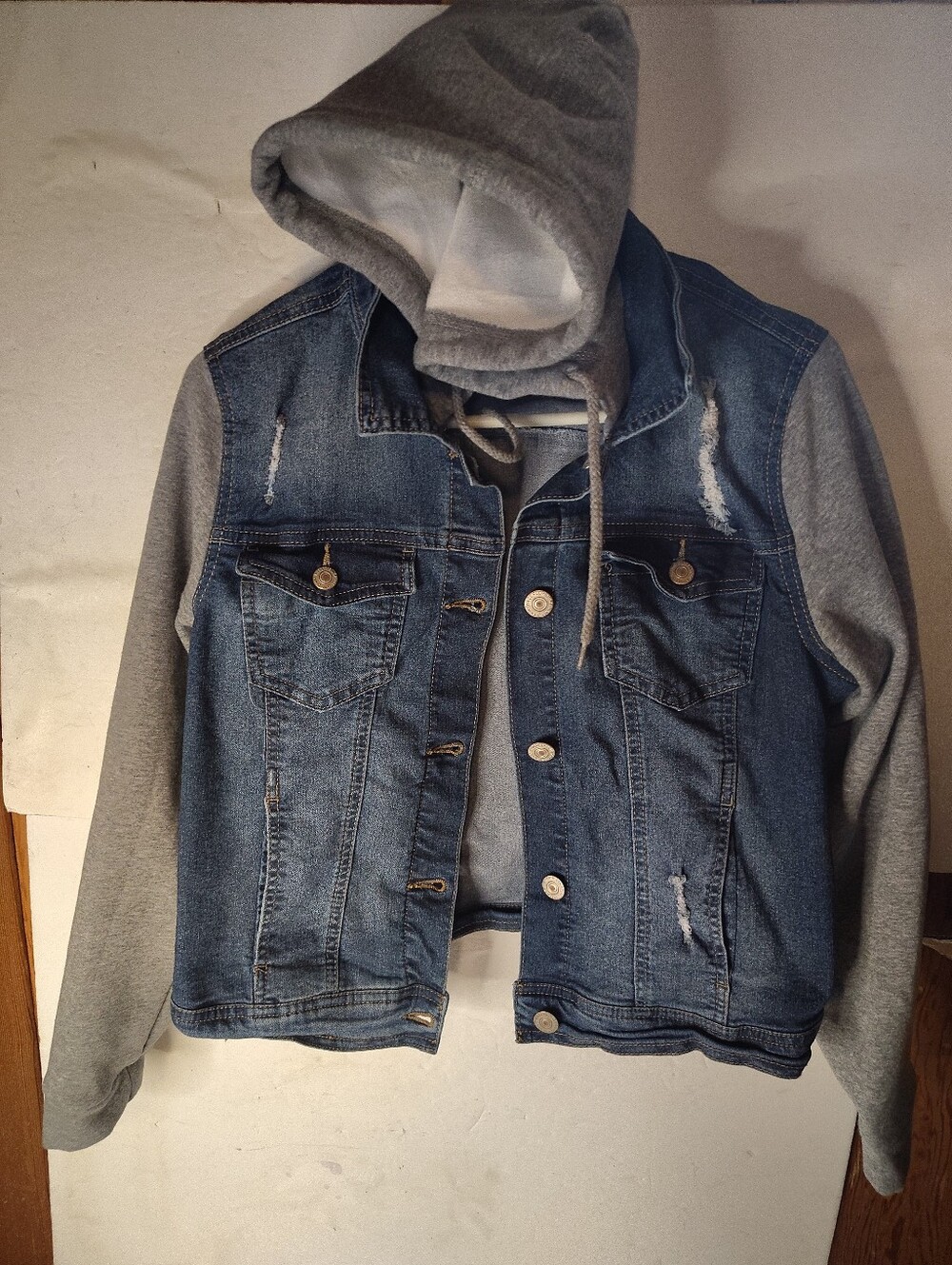 Wallflower The Dreamer Fit Hoodie Denim Button Up Knit Hood and Sleeves Kids L